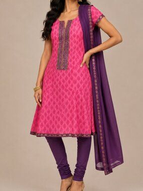 Pink Purple Indian Block Print churidar kurti Set Cotton Silk party wedding desi